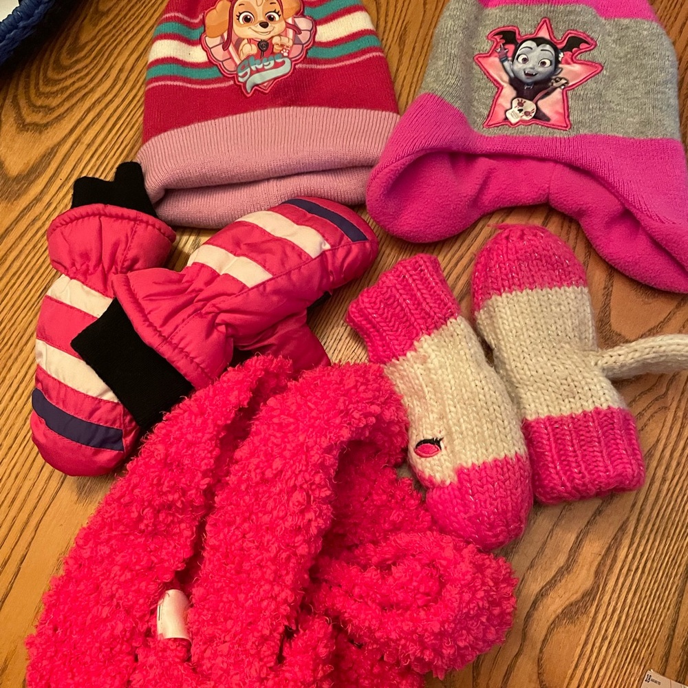 Pink and Gray Kids Winter Hat and Glove Set